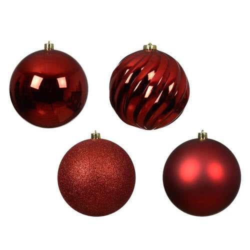 Decoris Kerstbal polystyreen kerstrood mix - 4 stuks (ø14 cm) afbeelding