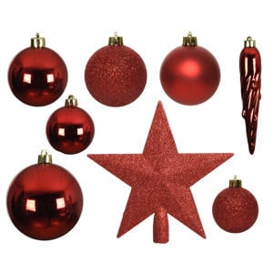Kerstballen polystyreen kerstrood shiny matt glitter mix - 33 stuks (ø8 cm)