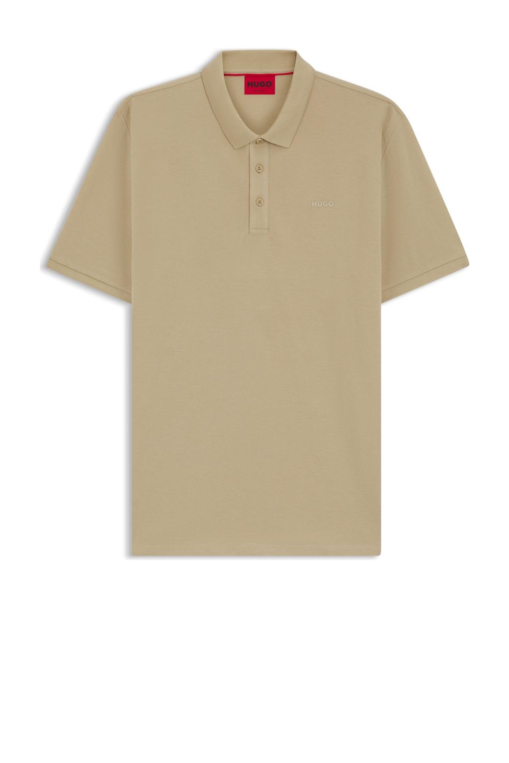 Beige heren HUGO regular polo van katoen met effen, korte mouwen en knoopsluiting