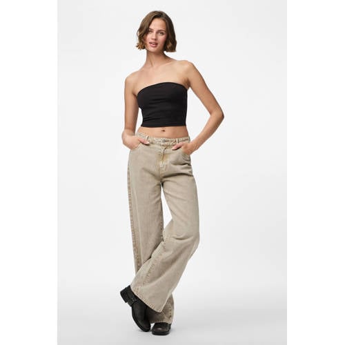 PIECES wide leg jeans beige afbeelding