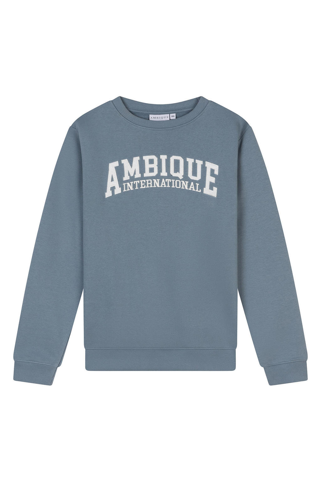 Grijsblauwe jongens Ambique sweater blauw met logo dessin, lange mouwen, ronde hals en geribde boorden