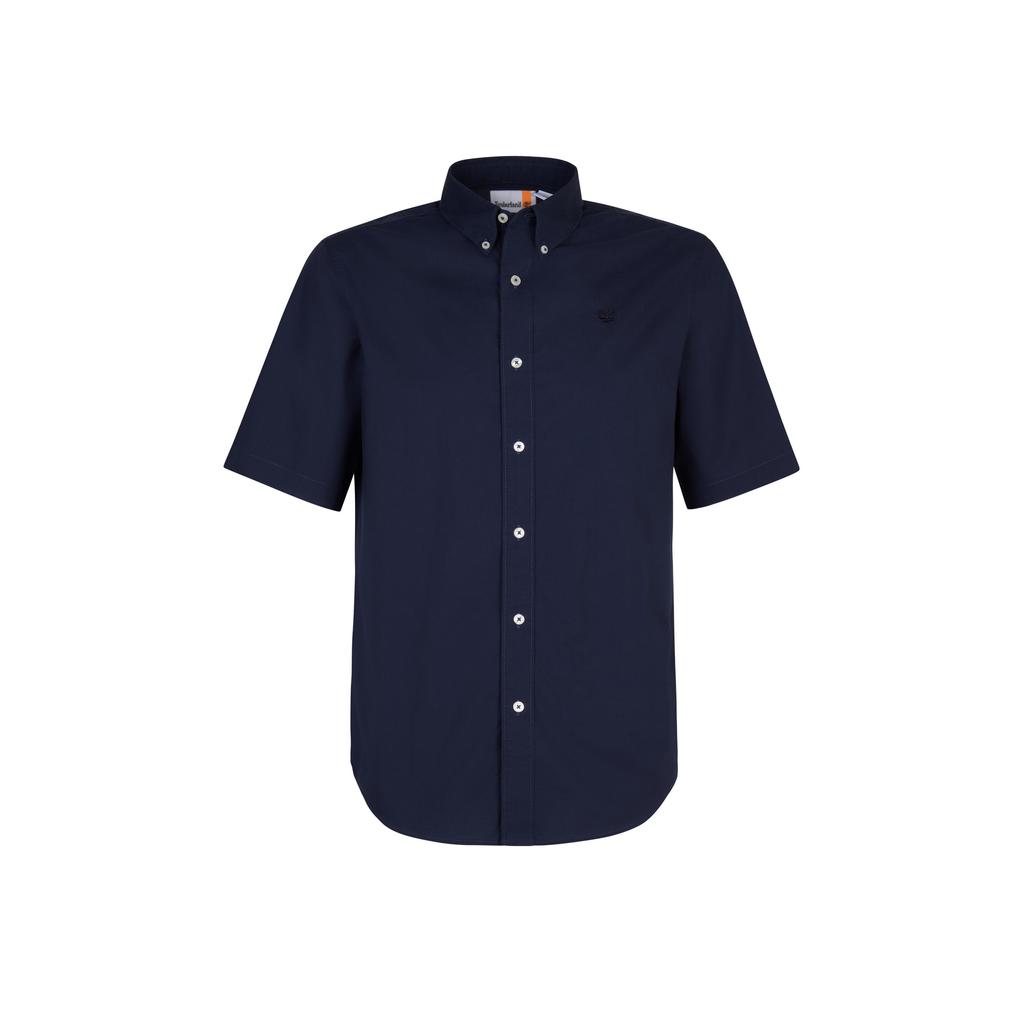 Donkerblauwe heren Timberland casual overhemd van katoen met effen, korte mouwen, button down sluiting en knoopsluiting