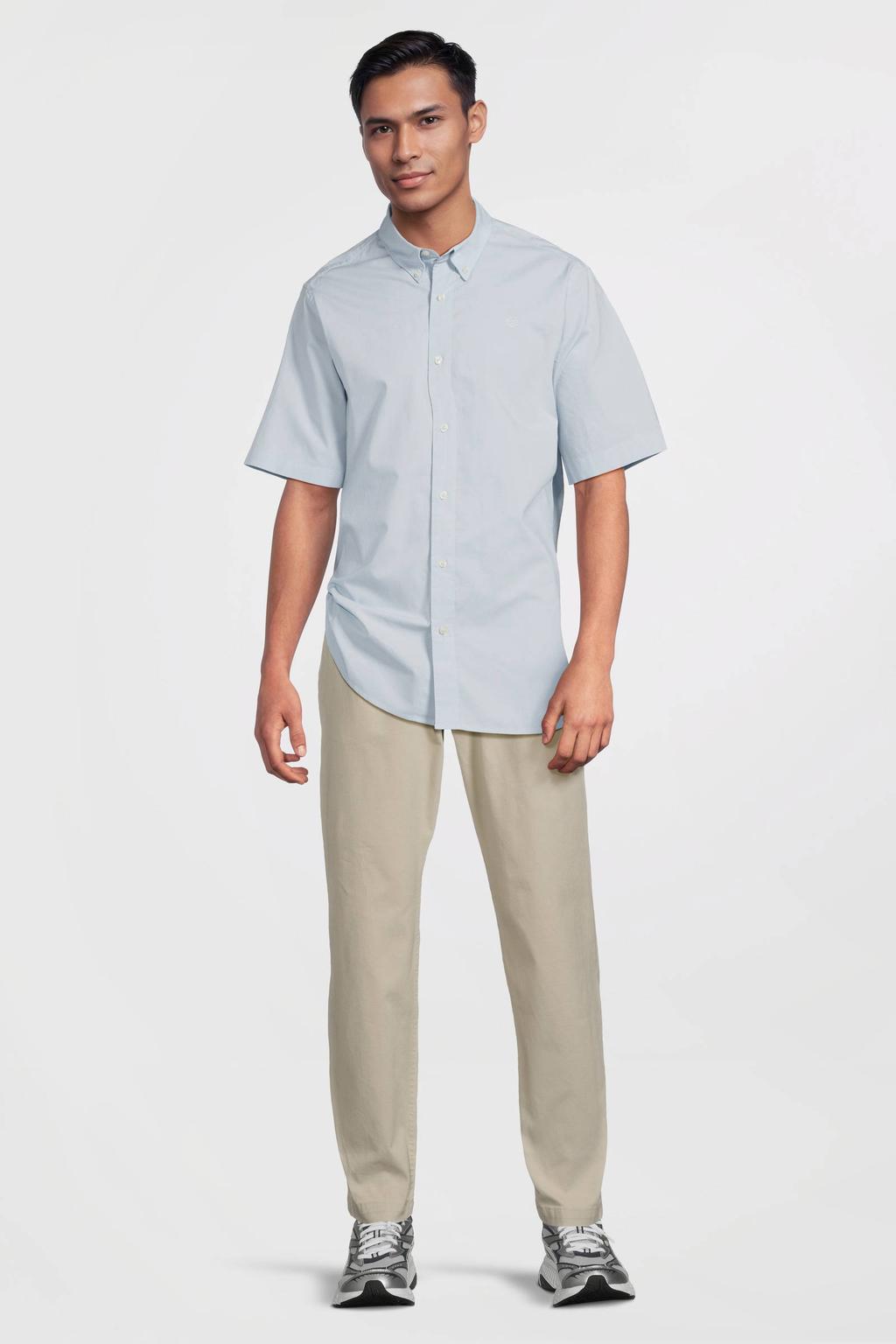 Lichtblauwe heren Timberland casual overhemd van katoen met effen, korte mouwen, button down sluiting en knoopsluiting