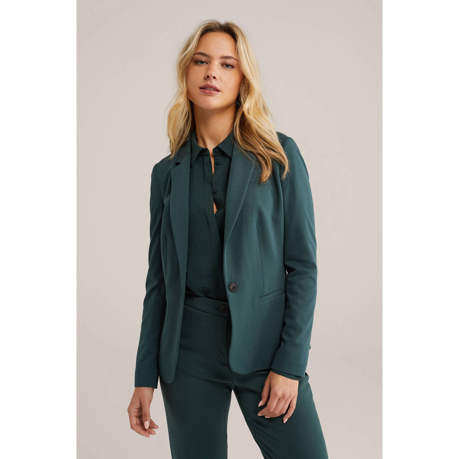 WE Fashion jersey getailleerde blazer donkergroen