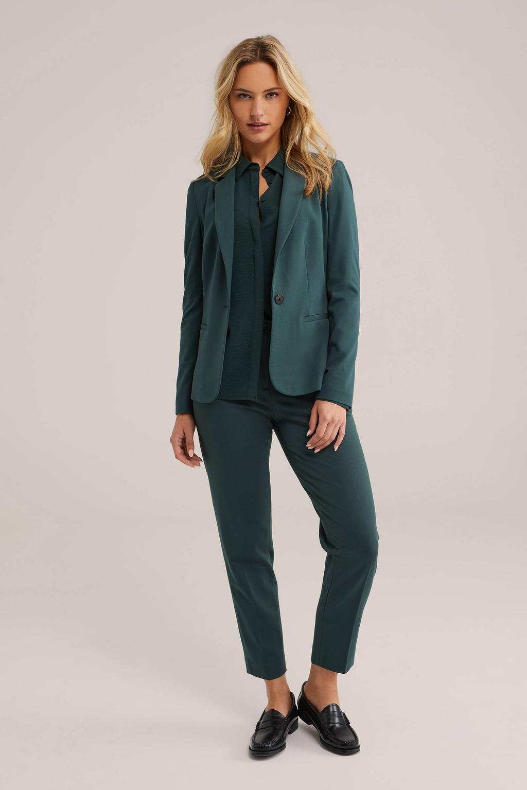 Donkergroene dames jersey getailleerde blazer van polyester met effen, lange mouwen, reverskraag, knoopsluiting en knoopdetail