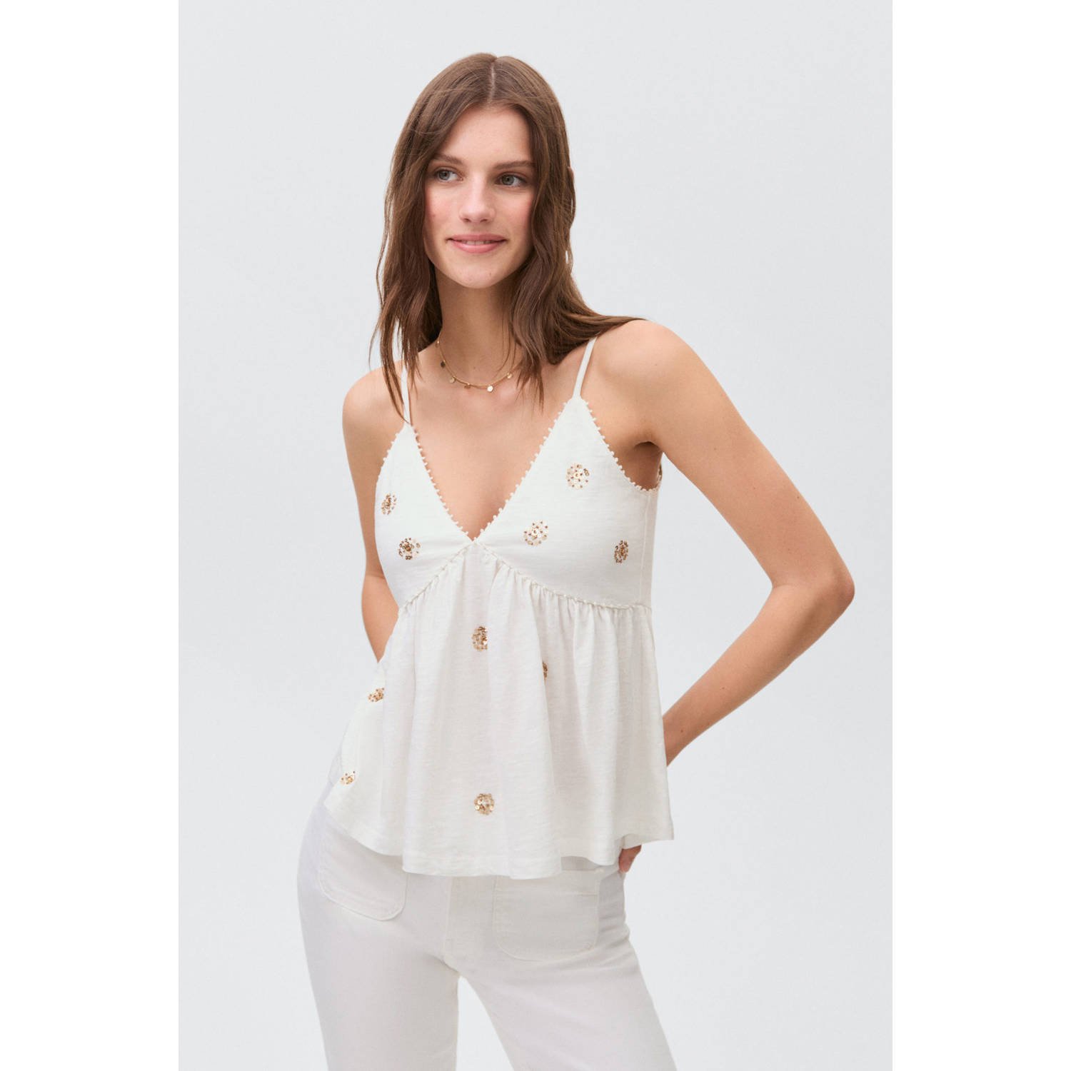 MANGO TEEN mouwloze top ecru met pailletten