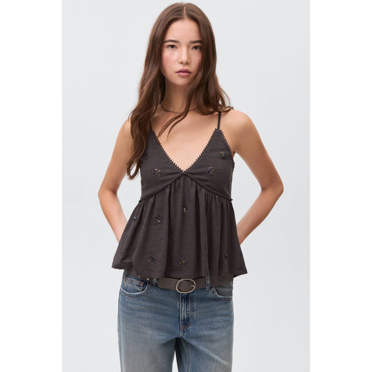 MANGO TEEN mouwloze top antraciet met pailletten