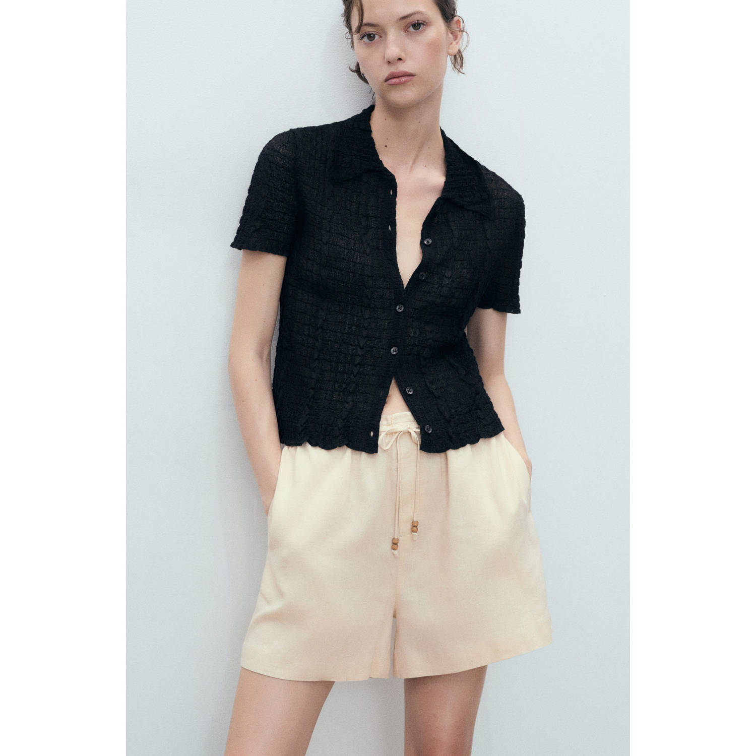 Mango linnen wide leg regular waist casual short beige