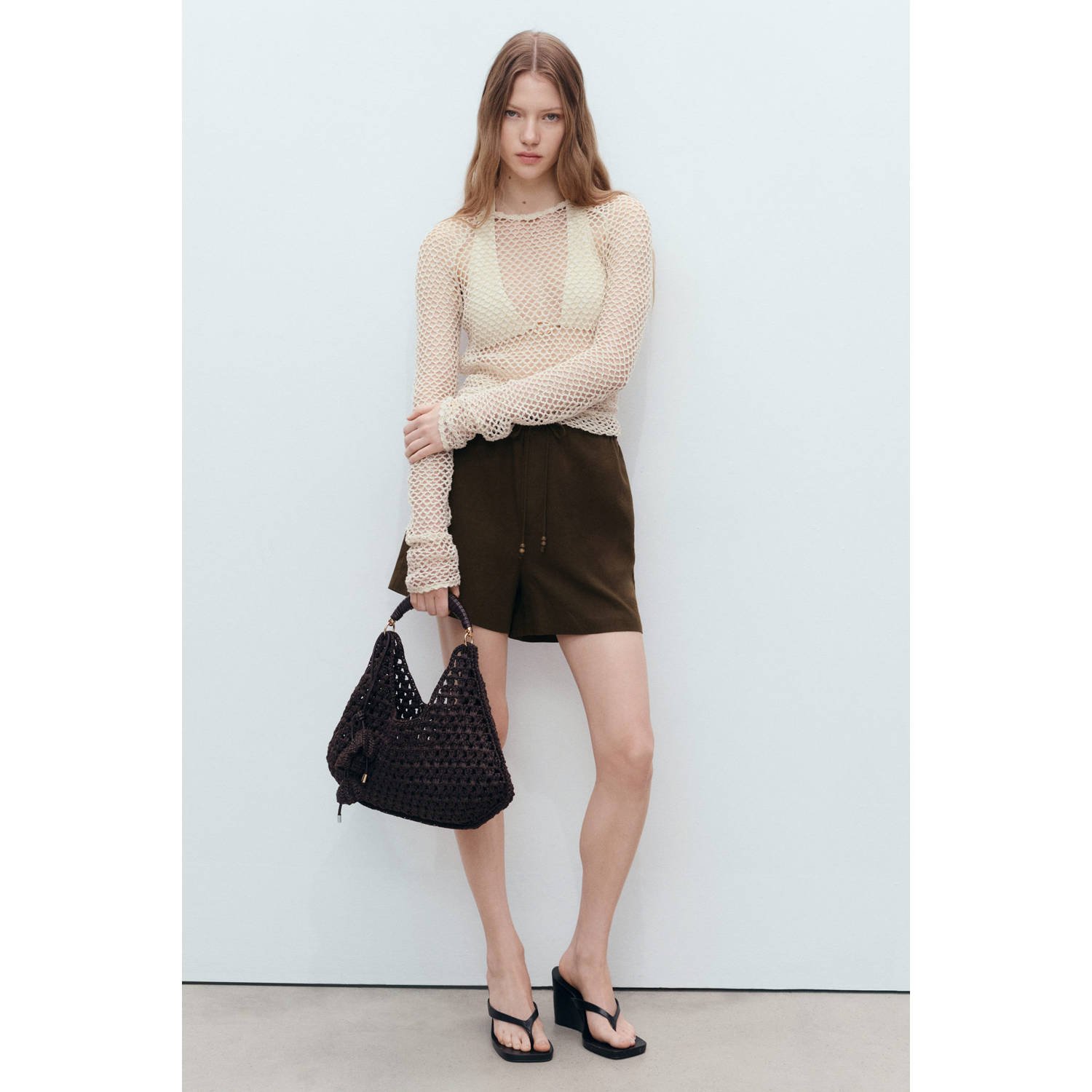 Mango linnen wide leg regular waist casual short kaki