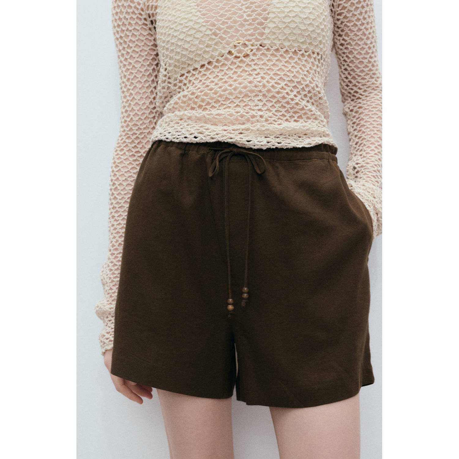 Mango linnen wide leg regular waist casual short kaki