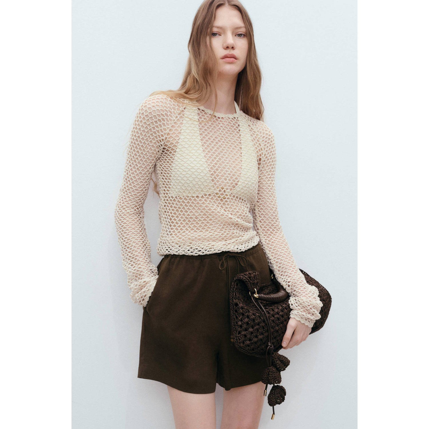 Mango linnen wide leg regular waist casual short kaki