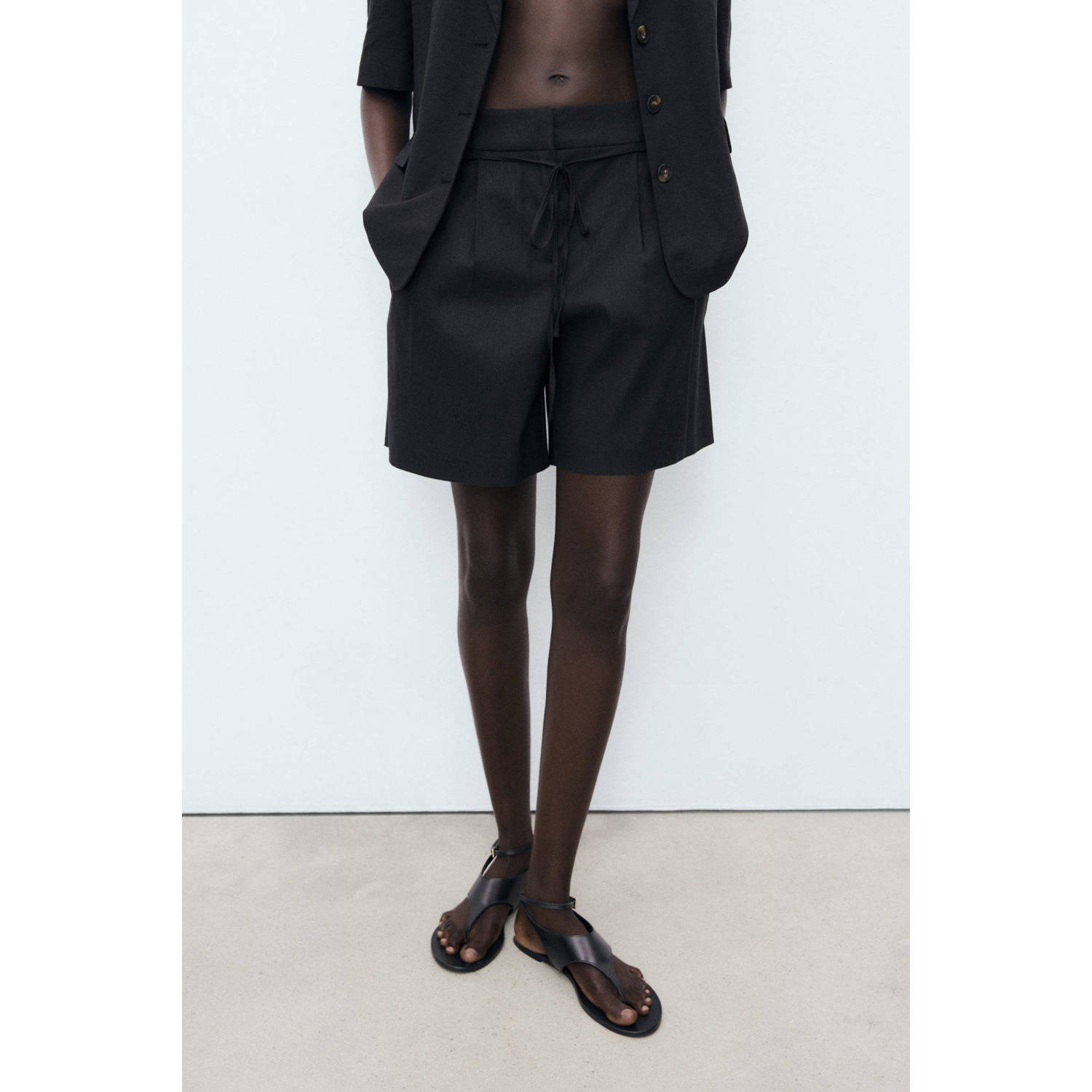 Mango linnen wide leg high waist casual short zwart