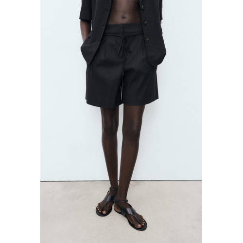 Mango linnen wide leg high waist casual short zwart afbeelding