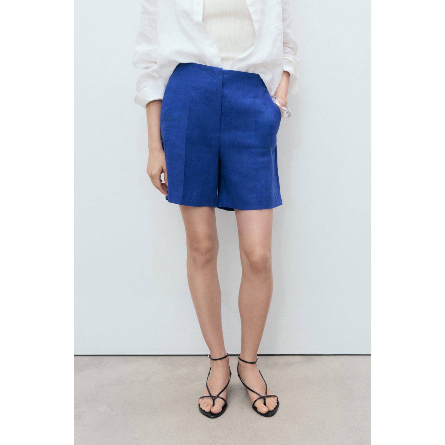 Mango linnen straight regular waist bermuda short blauw