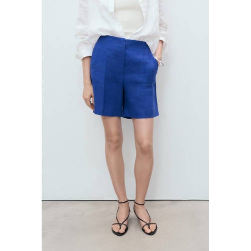 Mango linnen straight regular waist bermuda short blauw afbeelding