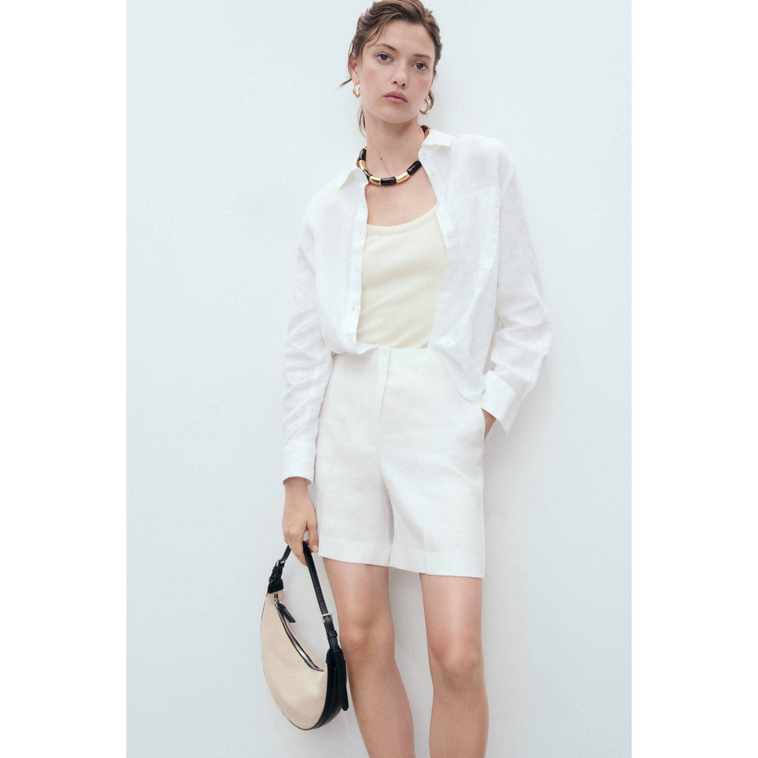 Mango linnen straight regular waist bermuda short wit
