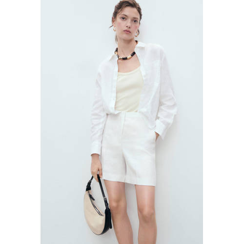 Mango linnen straight regular waist bermuda short wit afbeelding
