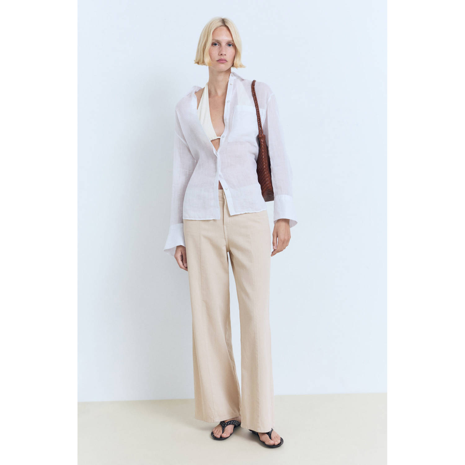 Mango wide leg regular waist broek beige