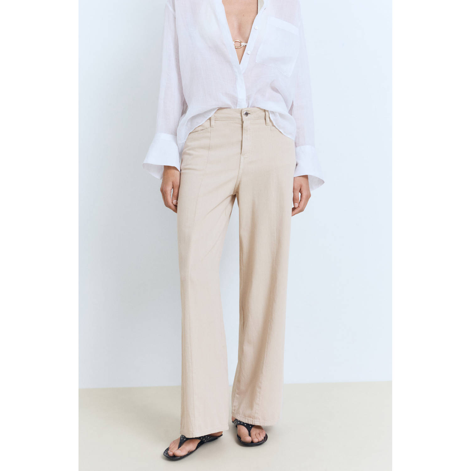 Mango wide leg regular waist broek beige