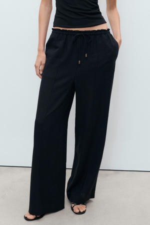 linnen wide leg regular waist broek zwart
