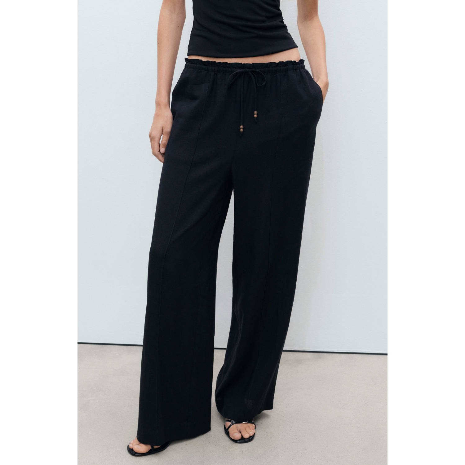 Mango linnen wide leg regular waist broek zwart