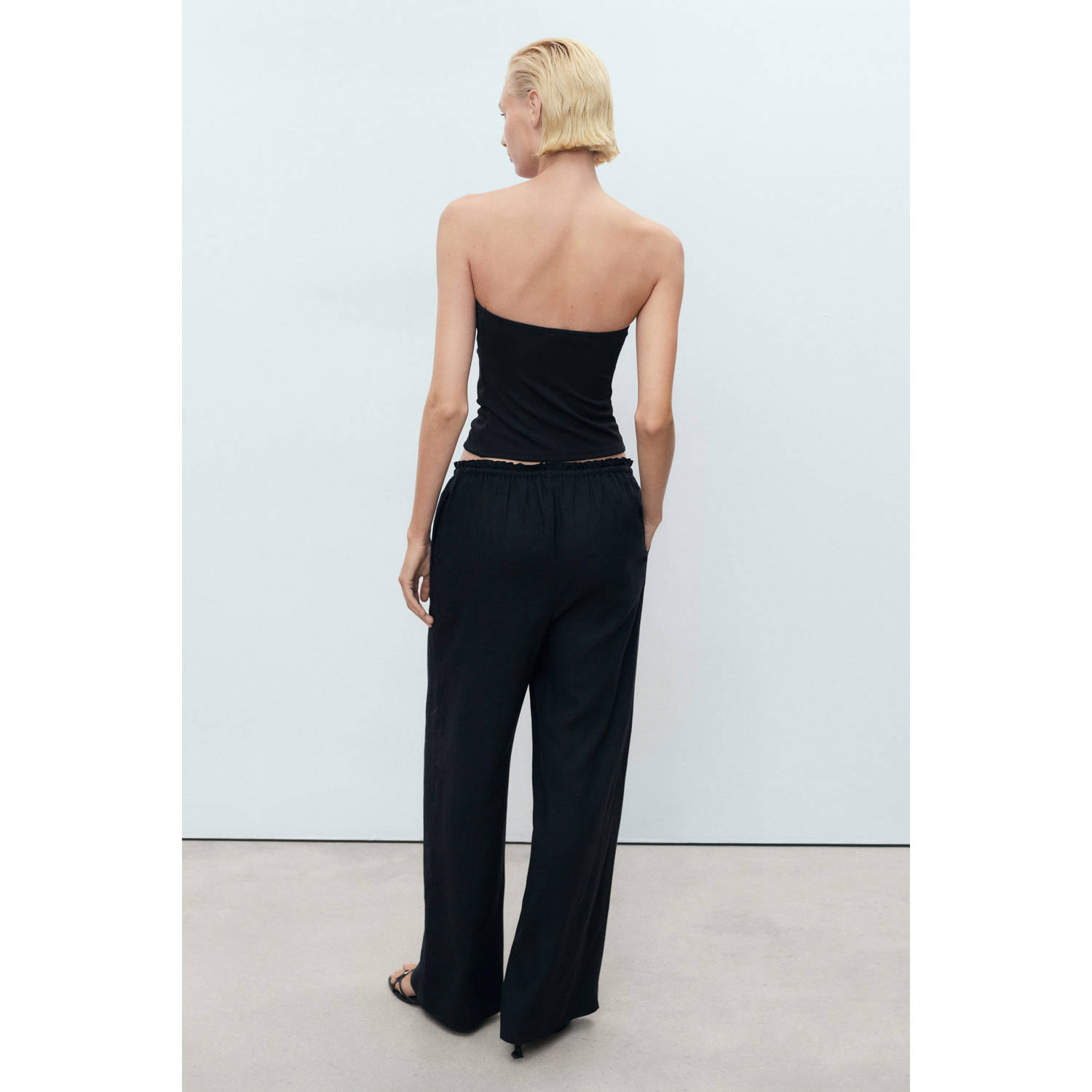 Mango linnen wide leg regular waist broek zwart
