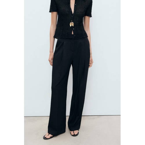 Mango wide leg regular waist pantalon zwart afbeelding