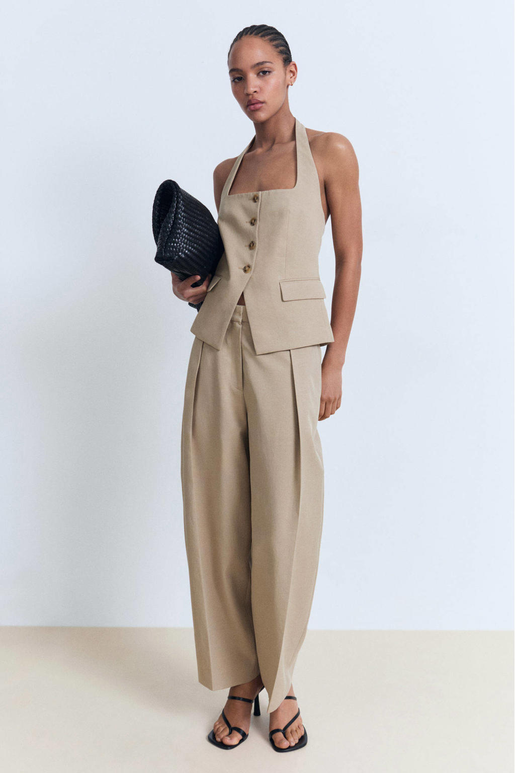 Beige dames Mango linnen barrel high waist pantalon met rits- en haaksluiting en effen