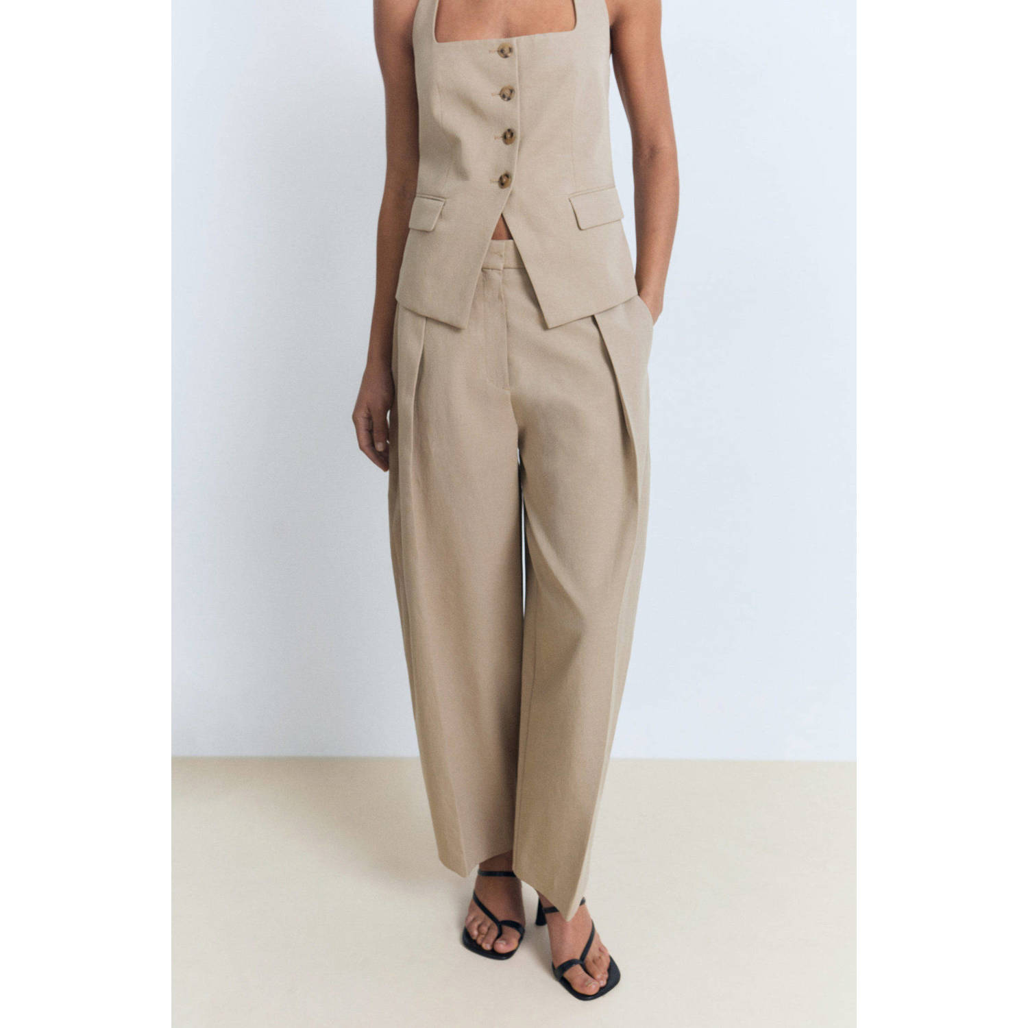 Mango linnen barrel high waist pantalon beige