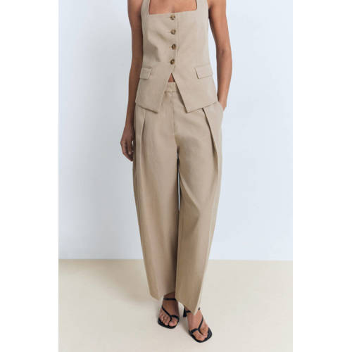 Mango linnen barrel high waist pantalon beige afbeelding