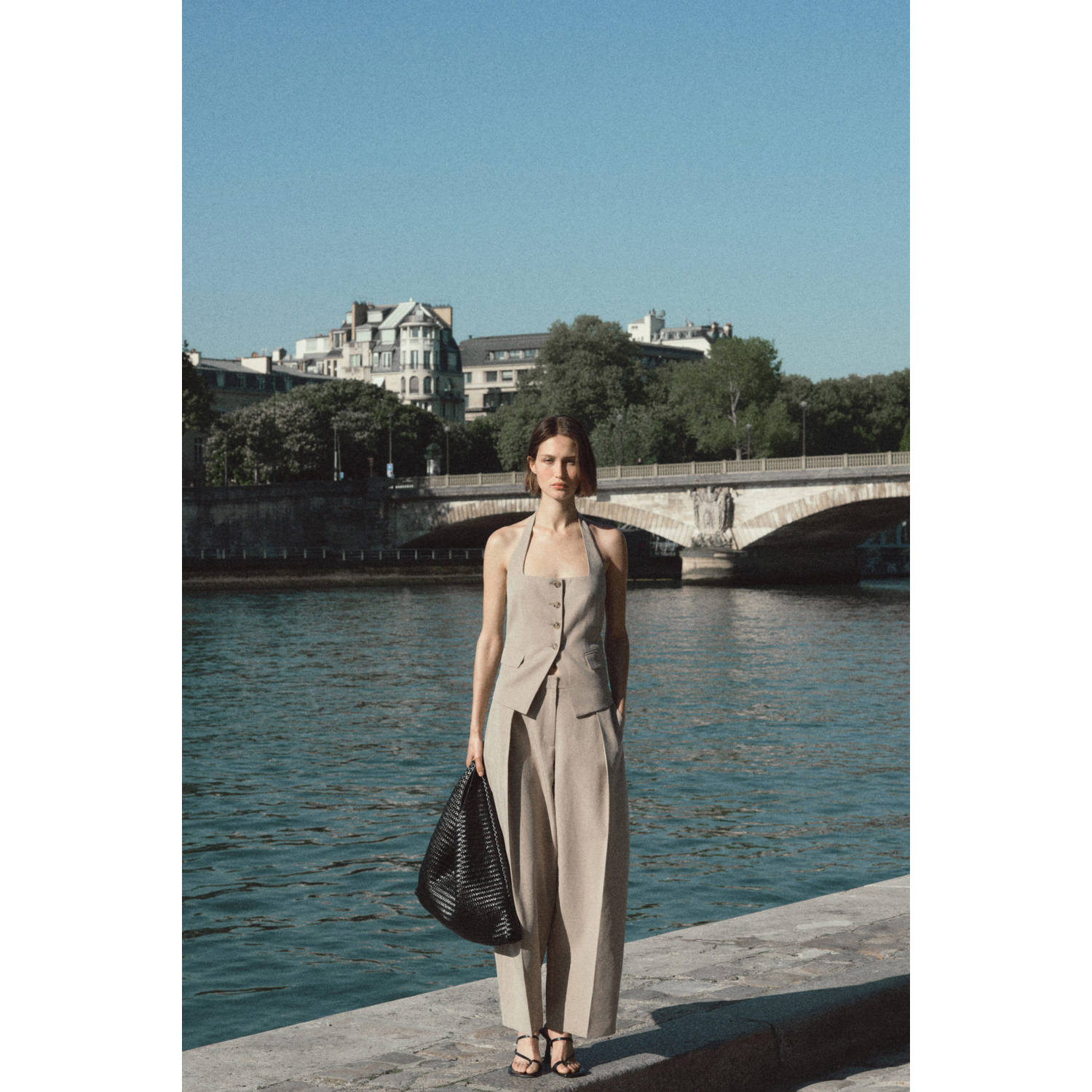 Mango linnen barrel high waist pantalon beige