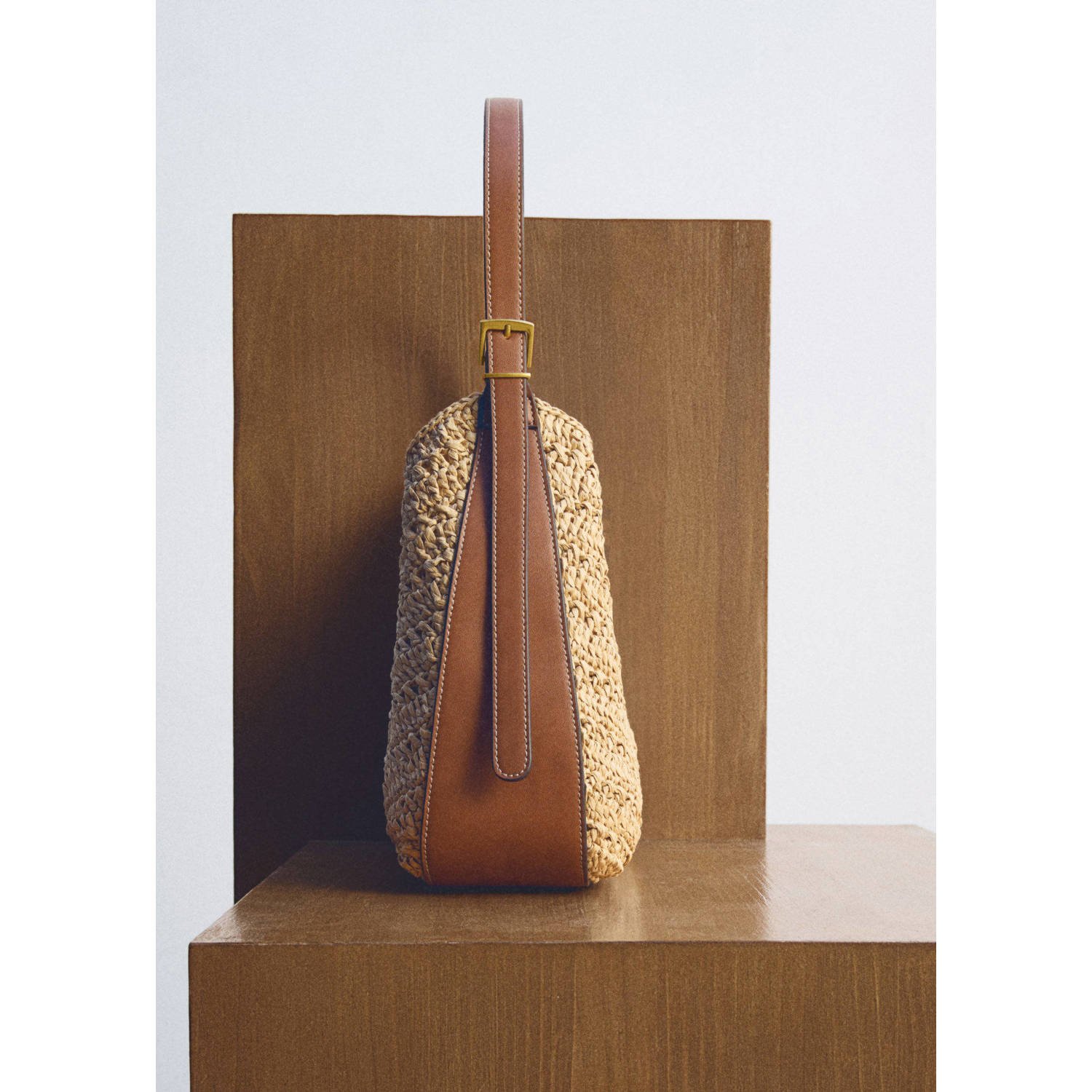 Mango raffia schoudertas naturel
