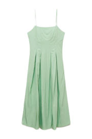 thumbnail: Lichtgroene dames Mango A-lijn jurk van viscose met effen, vierkante hals, blinde knoopsluiting en plooien