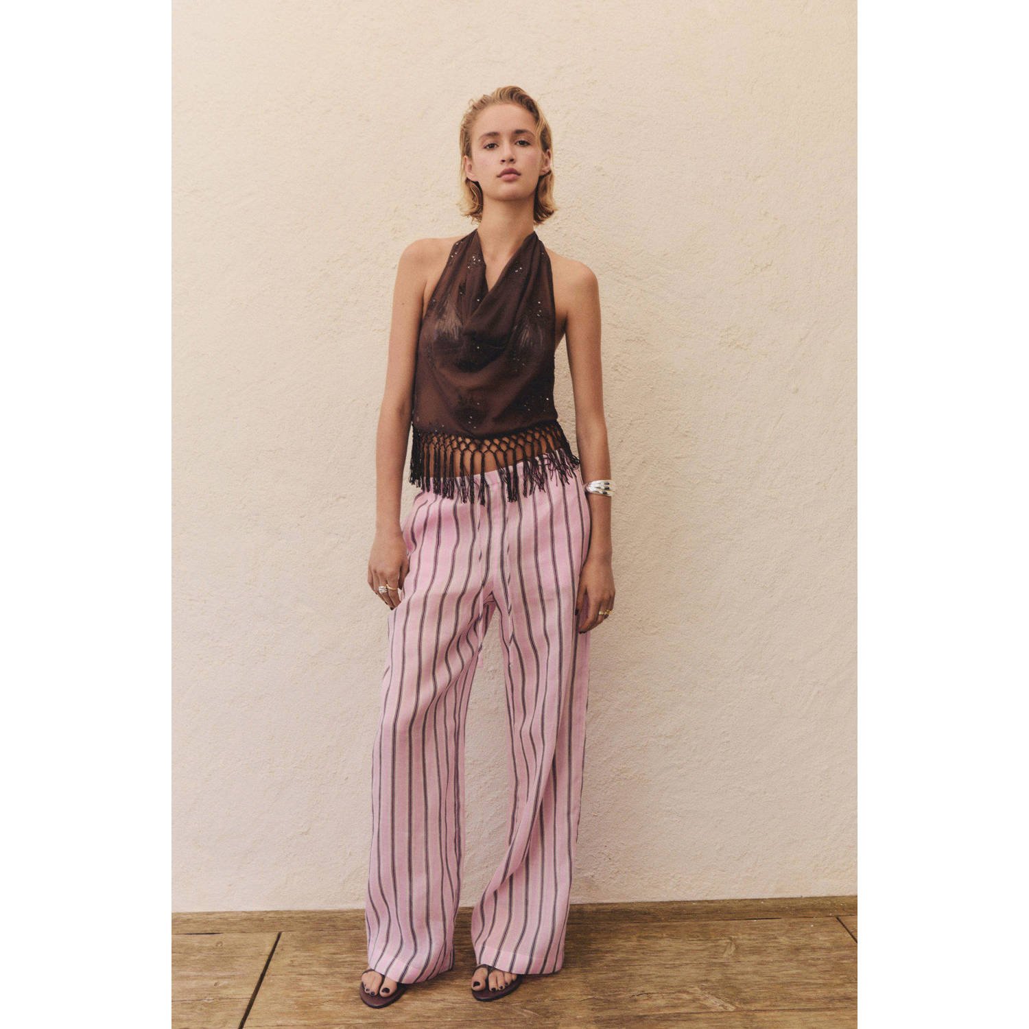 Mango wide leg high waist broek lichtroze