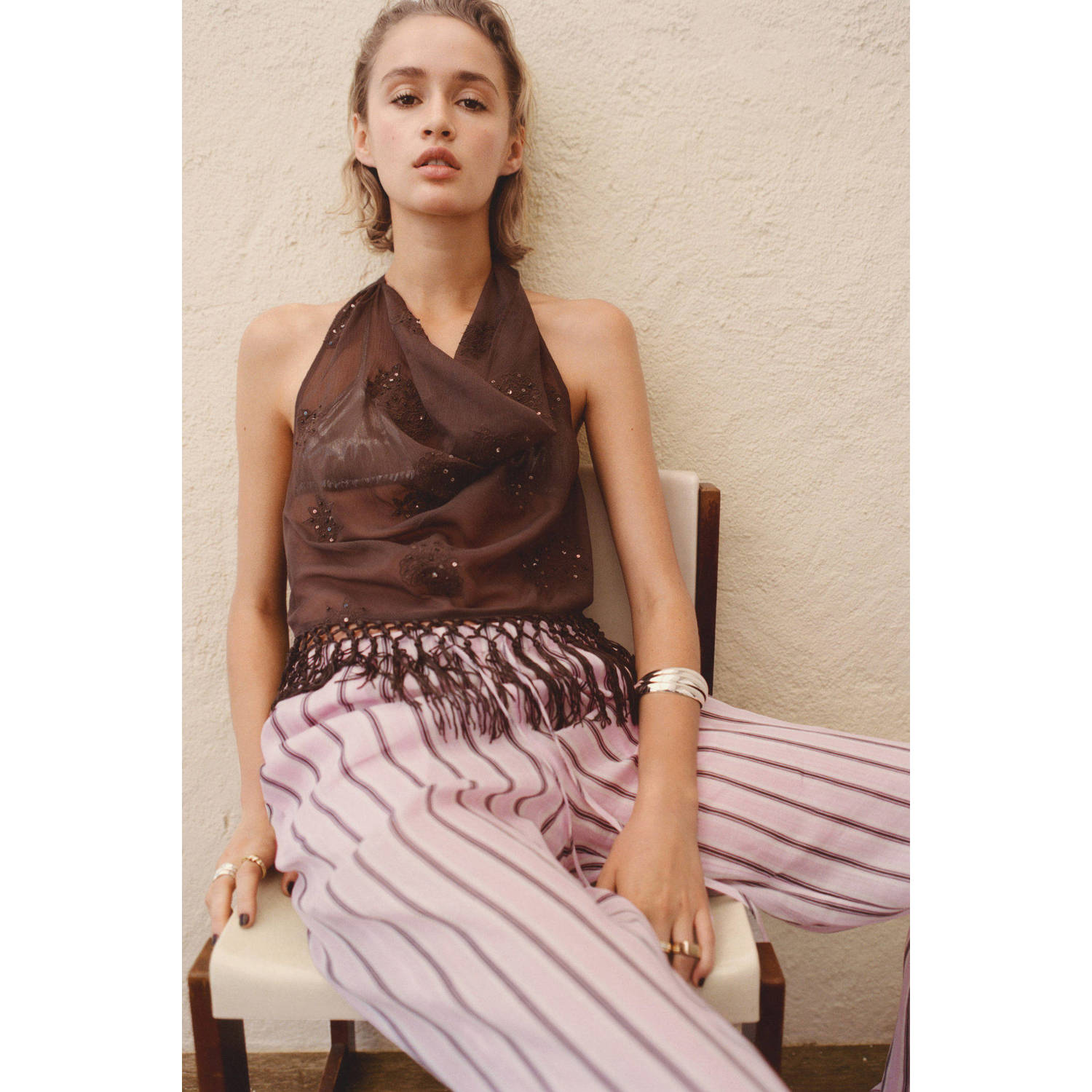 Mango wide leg high waist broek lichtroze