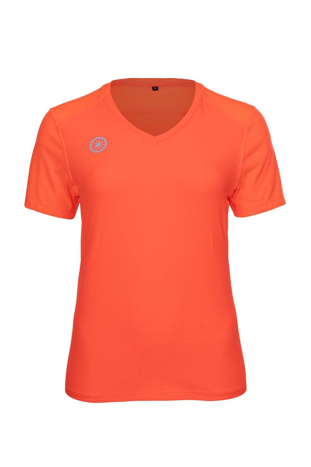 Koraalrode dames The Indian Maharadja sportshirt van polyester met effen, korte mouwen en V-hals