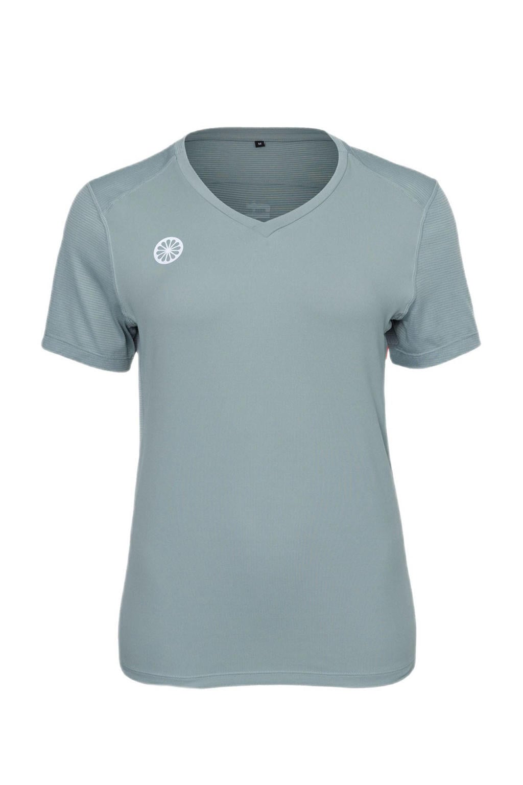 Grijsblauwe dames The Indian Maharadja sportshirt blauw van polyester met effen, korte mouwen en V-hals