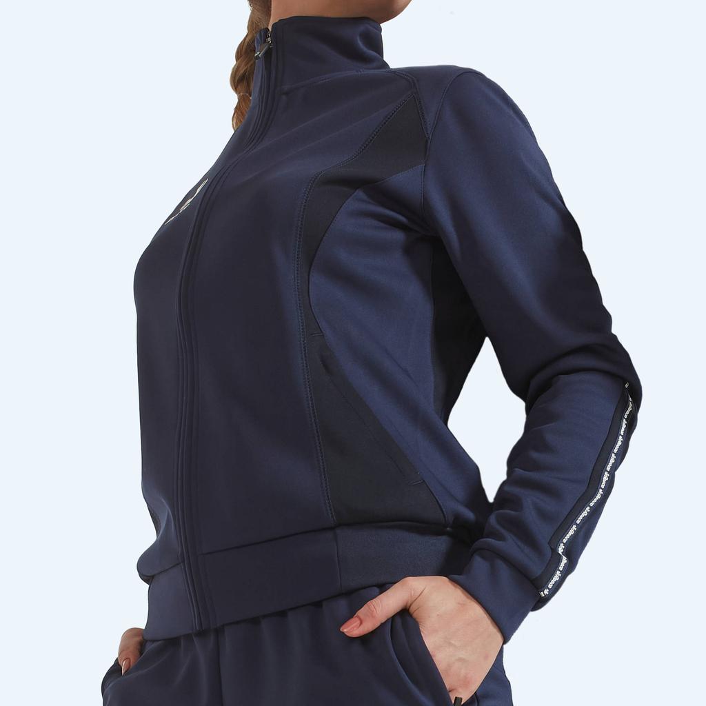 Donkerblauwe dames Reece senior sportvest Shift van polyester met lange mouwen en opstaande kraag