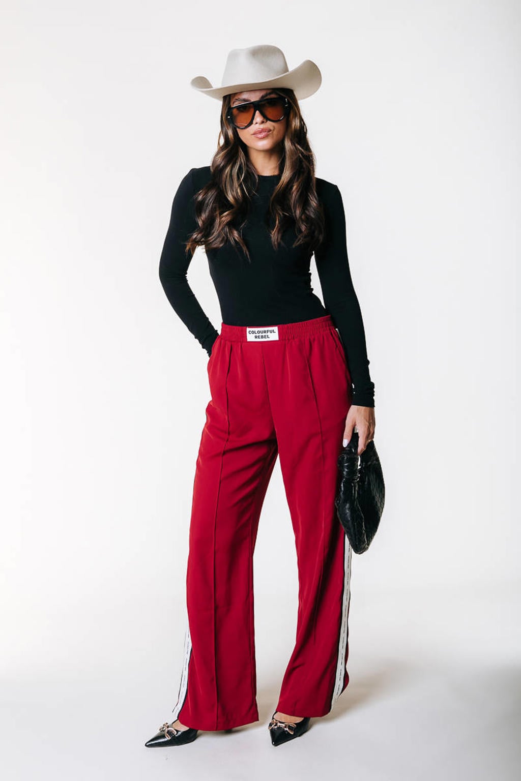 Rode dames Colourful Rebel wide leg regular waist casual broek met effen