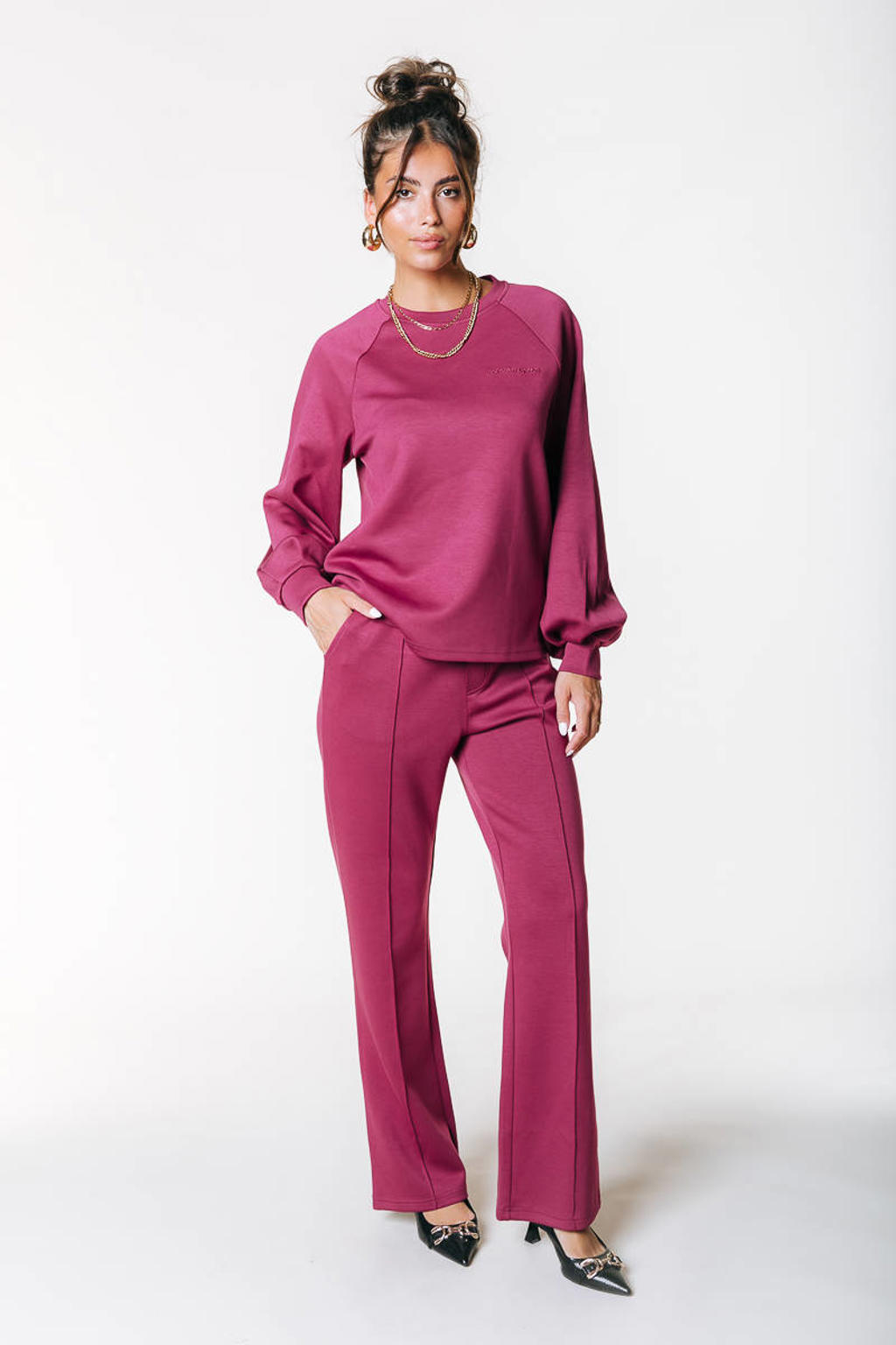 Donkerrode dames Colourful Rebel wide leg regular waist broek van viscose met effen
