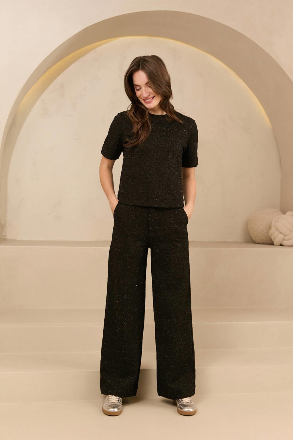 Zwarte dames Lofty Manner glitter top van polyester met effen, korte mouwen en ronde hals