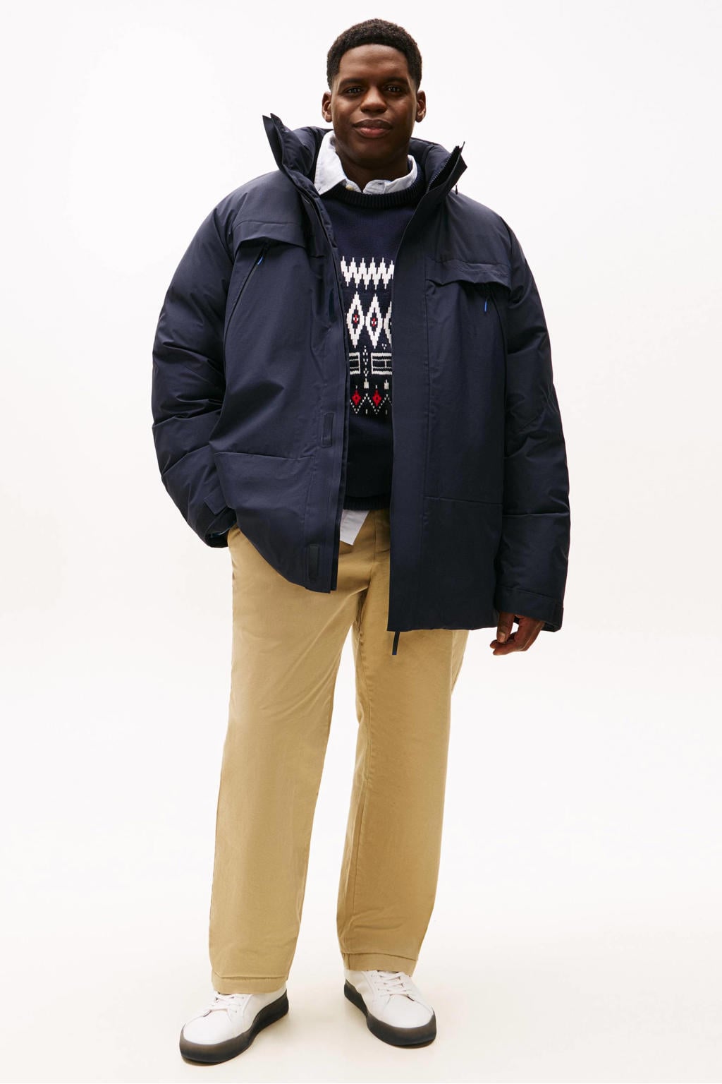 Donkerblauwe heren Tommy Hilfiger Big & Tall parka Plus Size van polyamide met effen, lange mouwen en capuchon