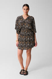 thumbnail: Zwart en bruine dames Shoeby zomerjurk van viscose met driekwart mouwen, V-hals en textuur