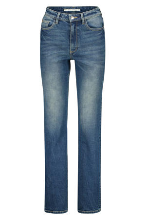 high waist straight leg jeans medium blue denim