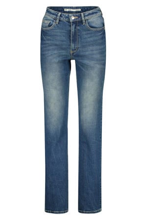 high waist straight leg jeans medium blue denim