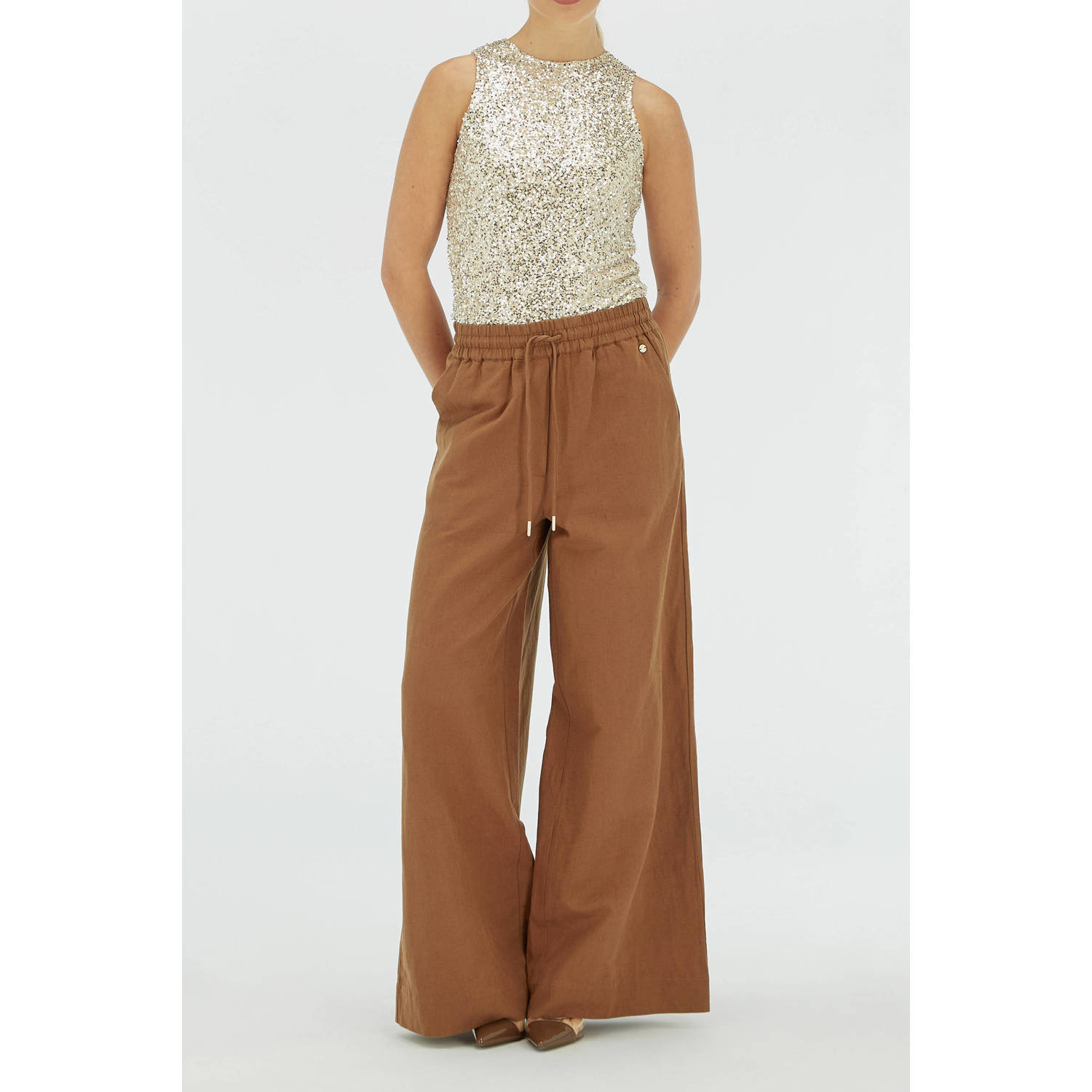 JOSH V linnen wide leg high waist broek camel