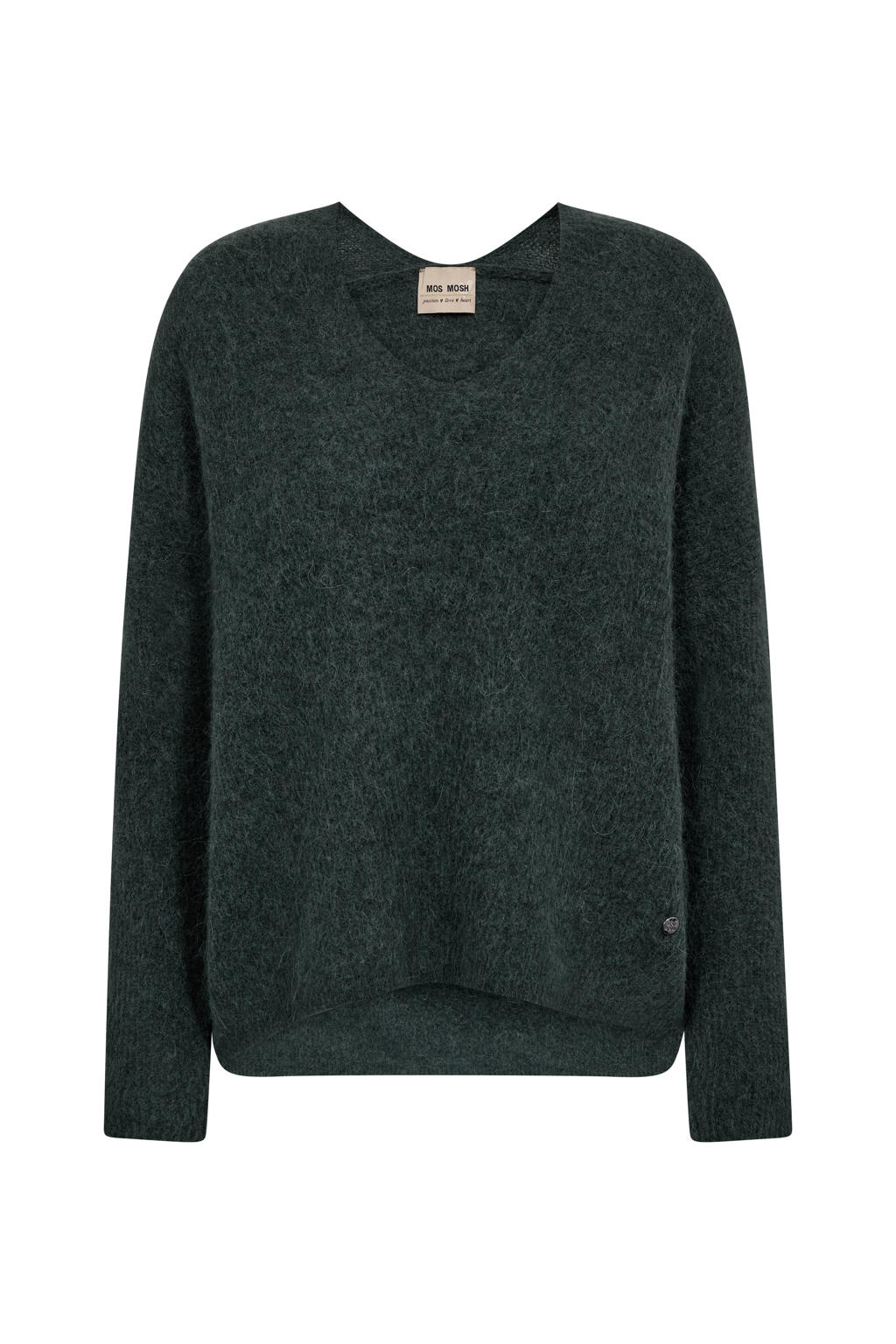 Antraciete dames Mos Mosh wollen pullover gebreid met effen, lange mouwen en V-hals