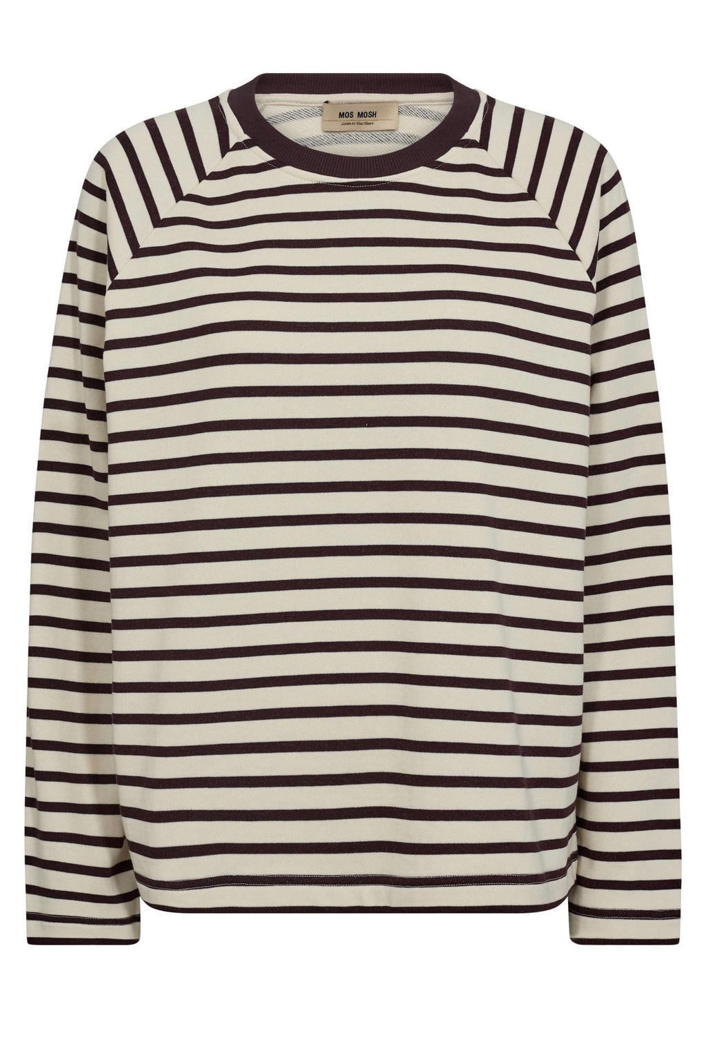 Donkerbruin en beige dames Mos Mosh sweater van katoen met strepenprint, lange mouwen en ronde hals