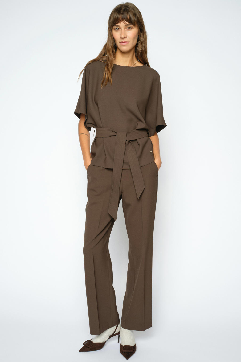 Mos Mosh slim regular waist casual broek donkerbruin