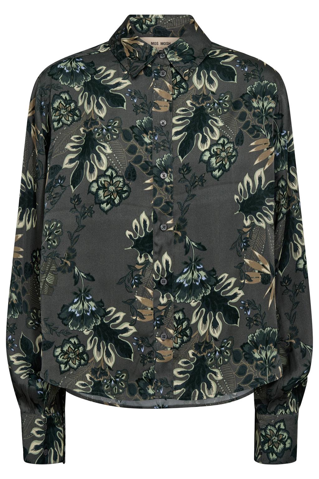 Grijsgroene dames Mos Mosh blouse groen met lange mouwen en klassieke kraag